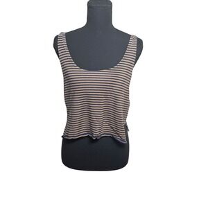 RVCA Tank Top Women Medium Blue Gold Excellent Striped Cropped Raw Hem Slits